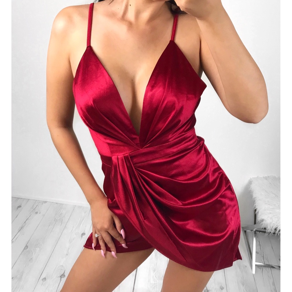 Red satin plunge v-neck romper dress